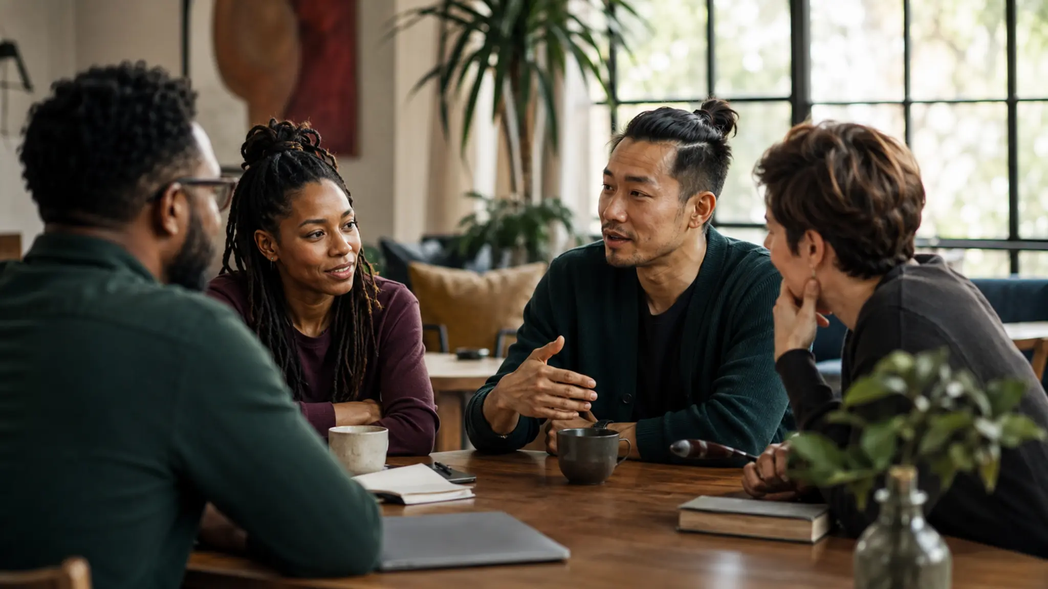 Four people sharing ideas around a table in a warm gathering space