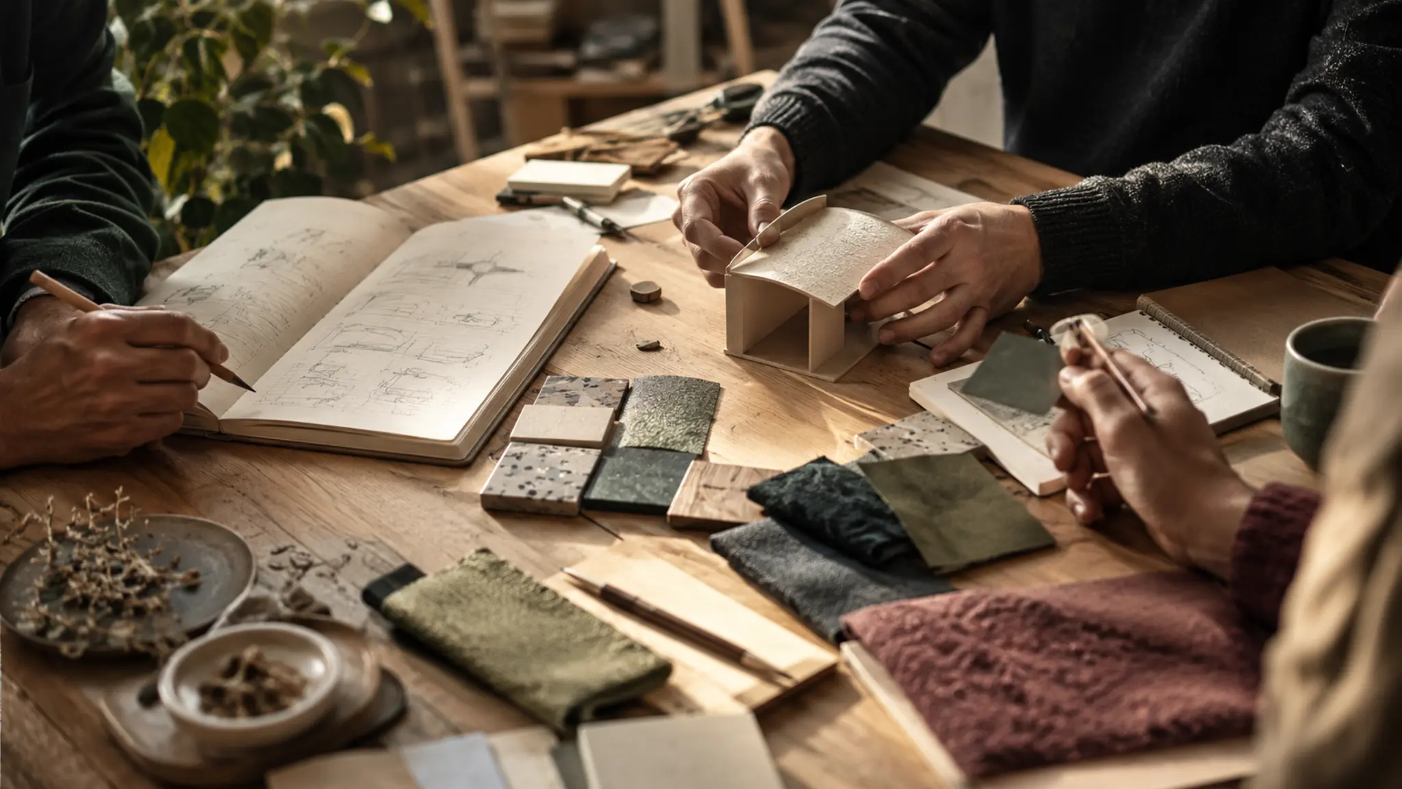 People examining plans and a small model house at a wooden worktable